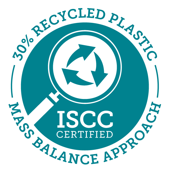 ISCC PLUS logo for mass balance approach with 30% recycled plastic